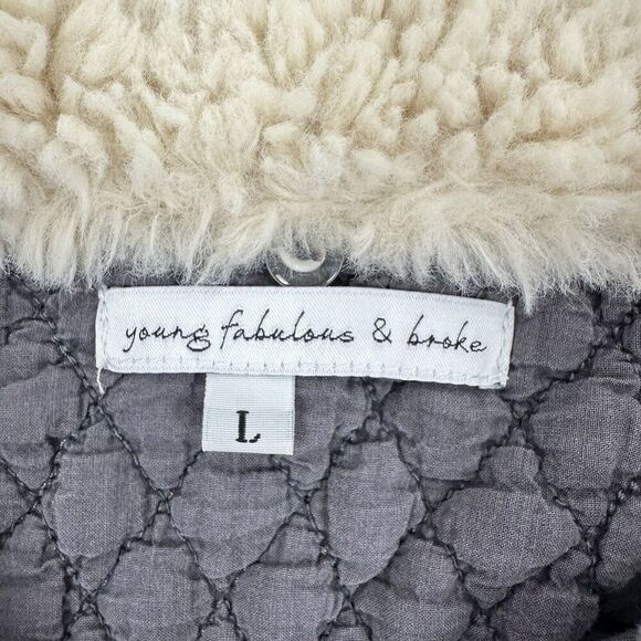 Revolve Young Fabulous & Broke Crop Jacket Women L Earhart Gray Sherpa Collar - Picture 12 of 16